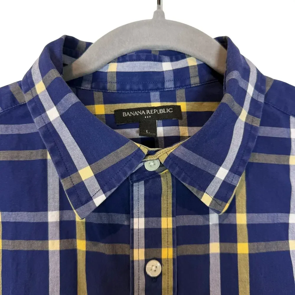 Banana Republic Shirt Mens Large Blue Check Tartan Cotton Slim Fit Button Up‎
